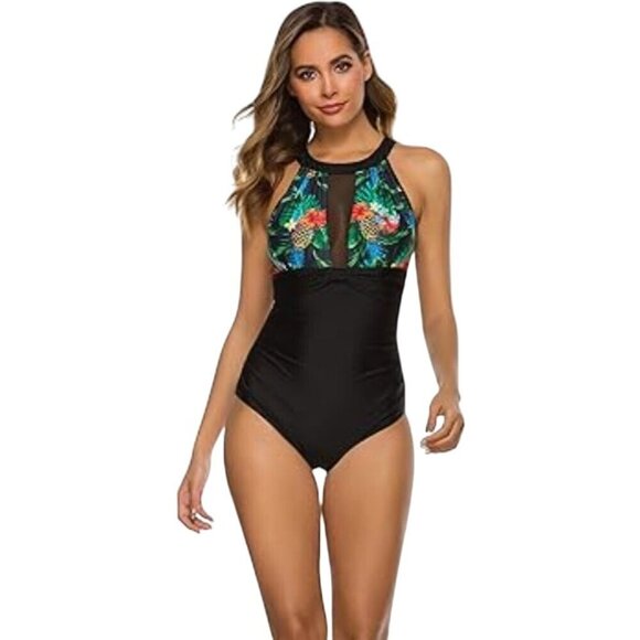 Vintage Push Up Black Tropical Mesh Detail One-Piece Swimsuit Size L - Picture 4 of 8